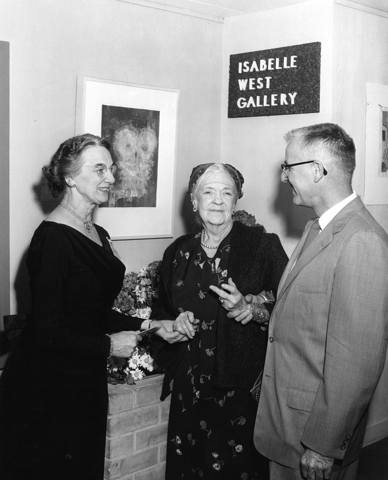 Depicted persons: Benedict, Marjorie ; West, Isabelle Percy ; King, Leroy Handwritten: Opening, Exhibition Center. Majorie Benedict, Isabelle West, Leroy King (Alum Pres).