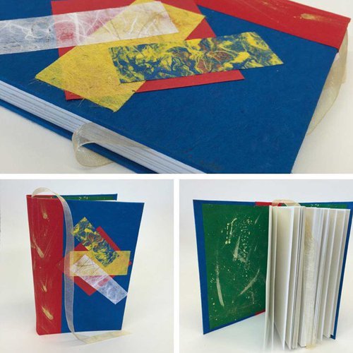 Traditional bound book with original art prints on its inside and outside cover.