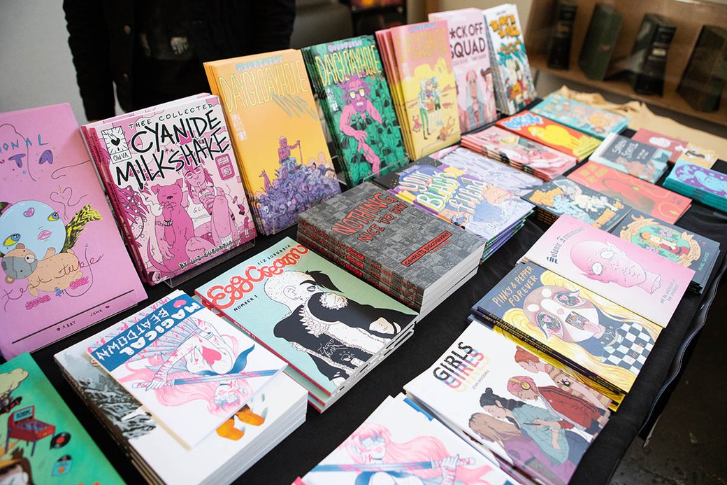 n array of Silver Sprocket published comics at the spring 2019 pop-up comics expo.