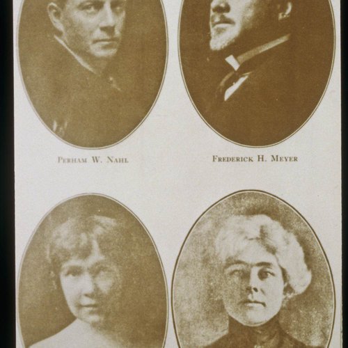CCA History: Old portraits of founders Perham W. Nahl and Frederick H. Meyer, plus some additional graduates.