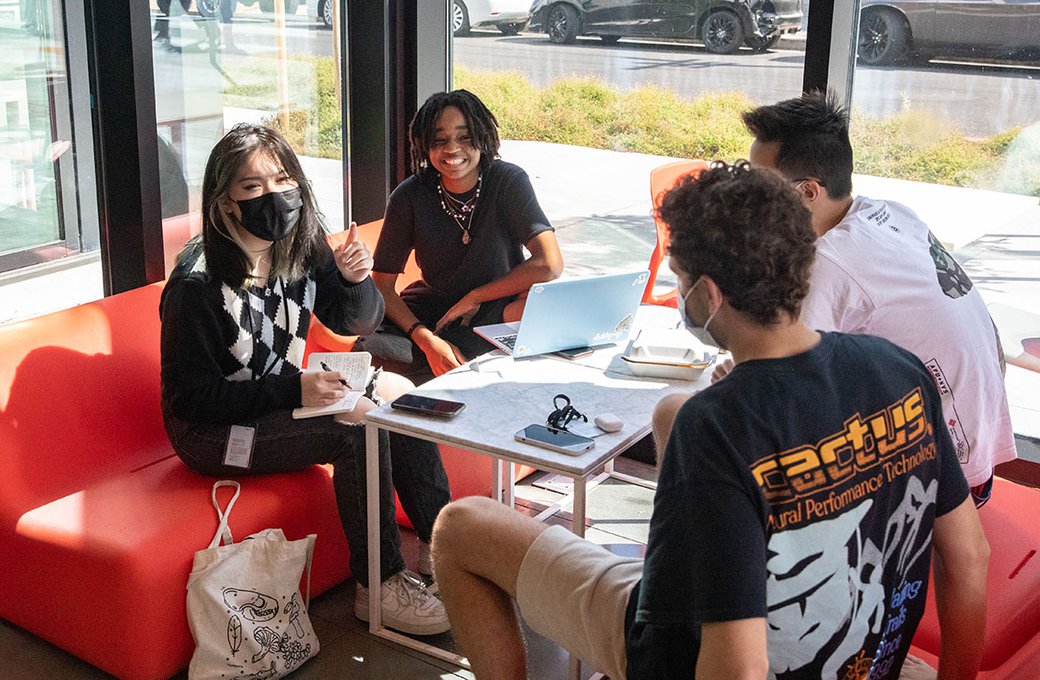 Students socializing at the Maker's Cafe in SF.