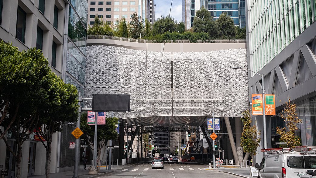 View of the Salesforce Transit Center’s bridge between buildings.