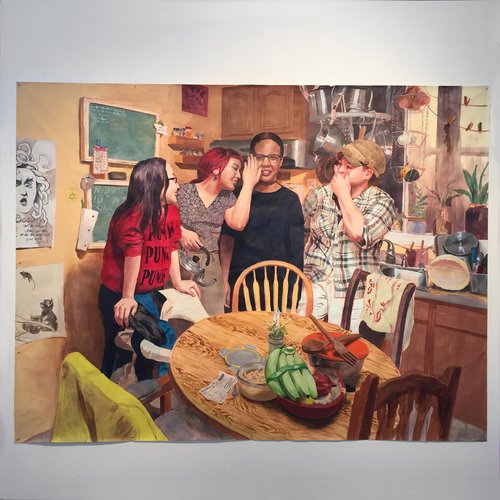 Painting depicting some people standing in a kitchen