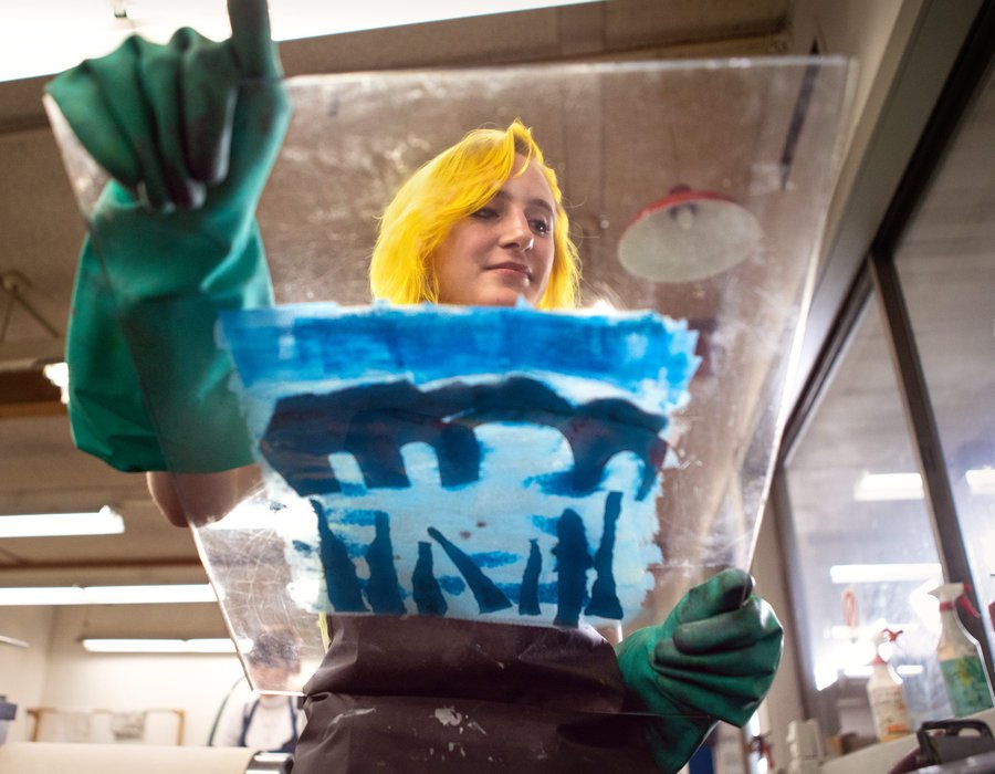 printmaking student in the studio