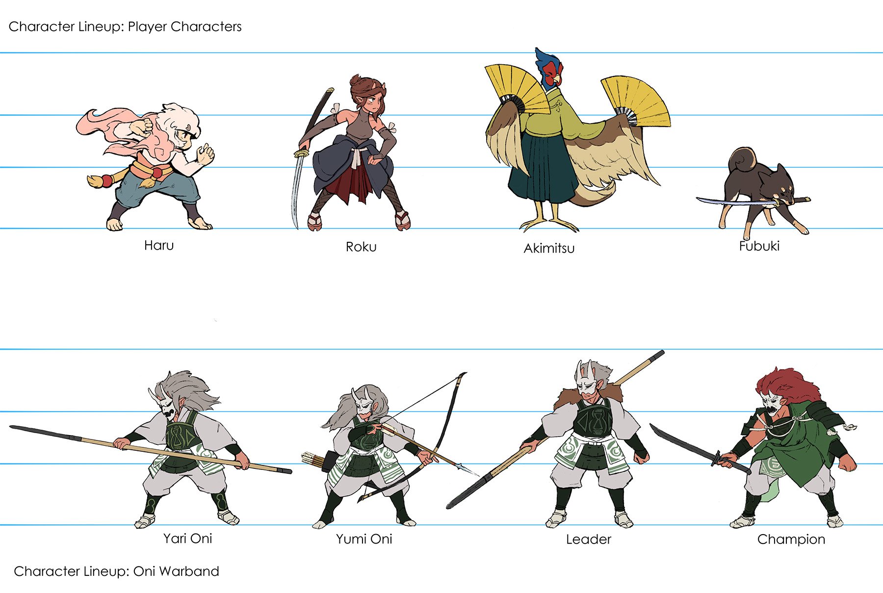 A lineup of eight characters from Babak Saadat’s game Harukaze.
