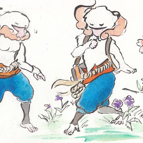 An early watercolor sketch of Masaharu, one of Harukaze’s martial arts–fighting monkey-spirit siblings, from 2014.
