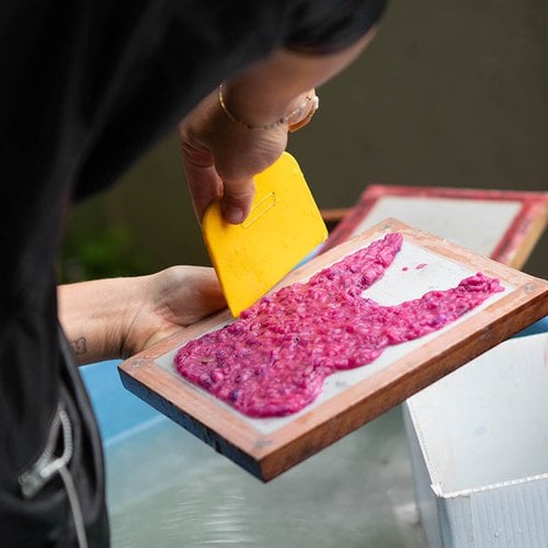 In our Paper-making Studio, learn to make your own paper, a process that involves passing pulp through a fine mesh screen.