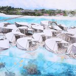 A drawn rendering of futuristic dwellings floating on a river with their anchors visible in the water below.