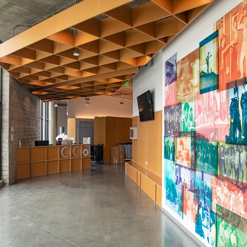 TheFounders Hall lobby features a mural tracing CCA's century-long history.