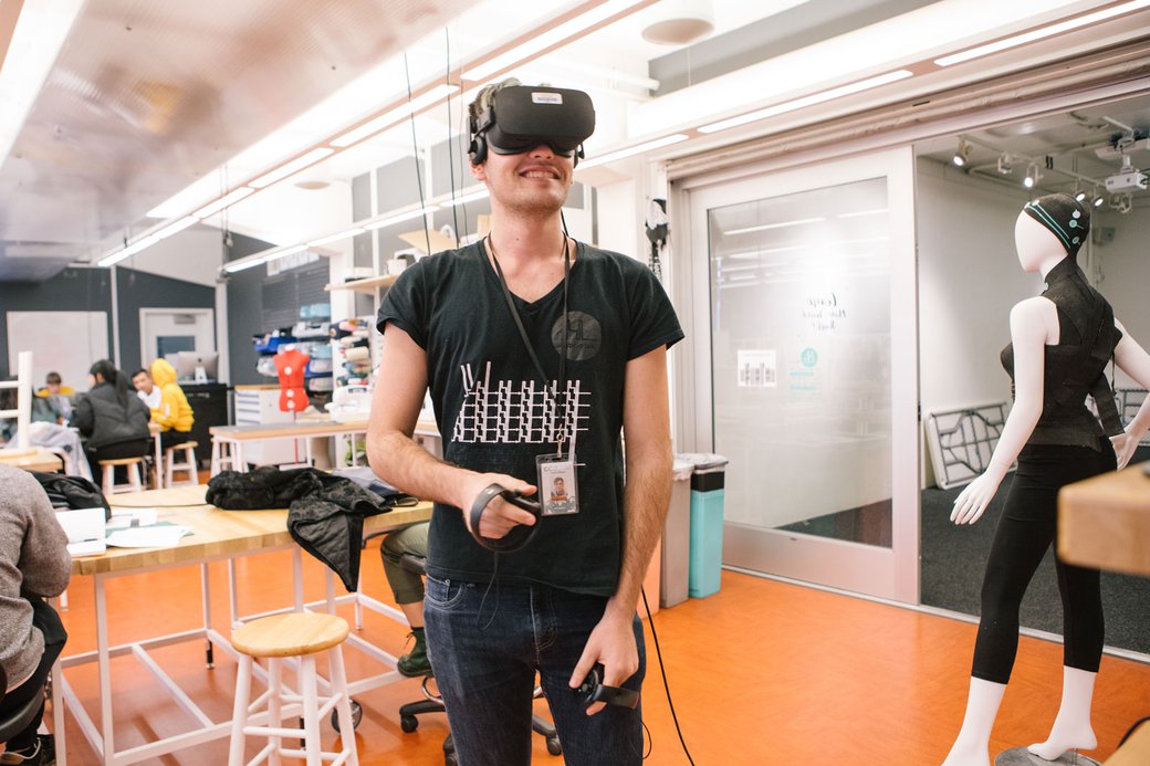 A student experiences virtual reality in a headset.
