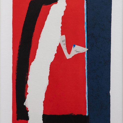 Robert Motherwell, Game of Chance, 1987. Lithograph & aquatint w/ etching on handmade paper with hand-coloring and collage, 23 3/8 x 16 3/8 inches, 29 1/4 x 31 1/2 inches framed. Edition 93/100.