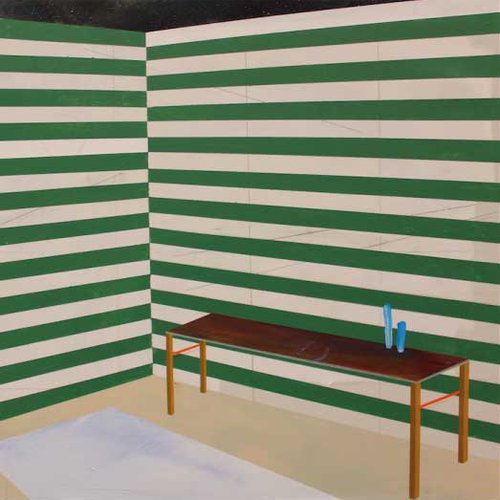 Interior with table and carpet with op-art effects.