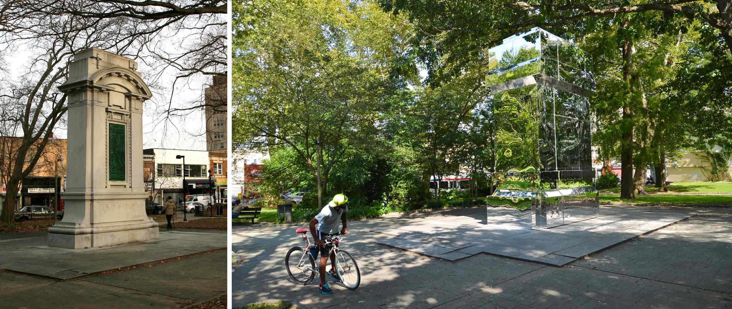 The Battle Is Joined (right), Karyn Olivier covered The Battle of Germantown Memorial (left) with a shell of mirrored acrylic.