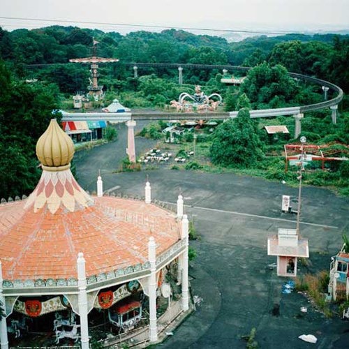 Bird's eye view of an abandoned amusement park.