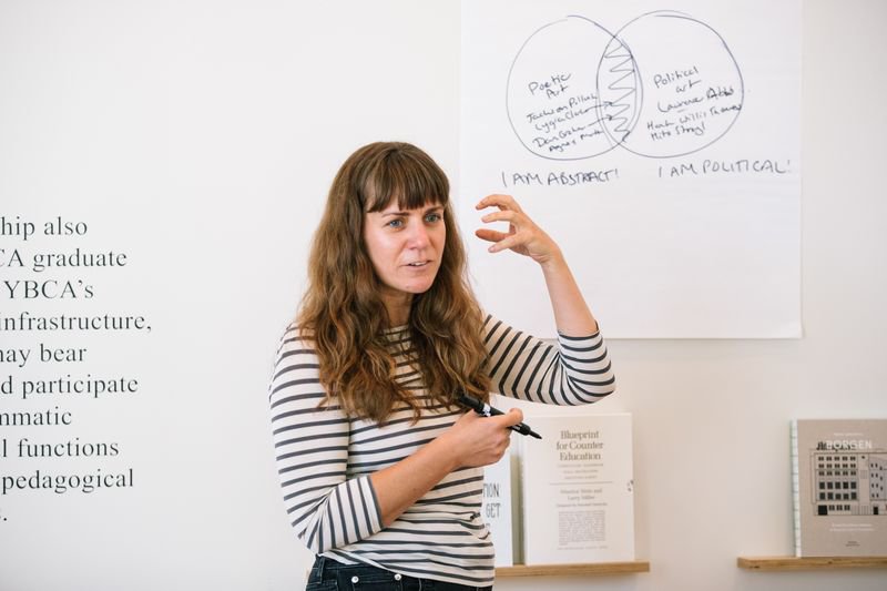 Faculty instructing Curatorial Practice students on political versus poetic art